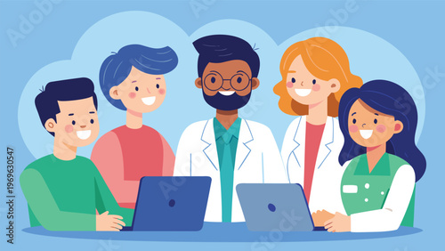 Group of people working together at a table with laptops in a modern office setting during daytime