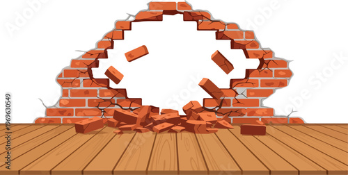 Brick wall breaking apart with rubble and debris falling onto a wooden floor