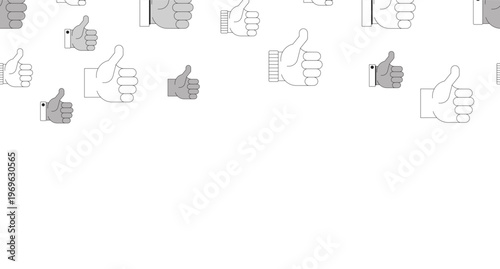 Social media thumbs up black and white top border. Likes. Seamless upper frame with line art pattern. Flat 2D graphic with falling composition. Copy space overlay repeat. Horizontal header divider