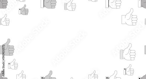 Social media thumbs up black and white border copy-space. Likes. Seamless repeat pattern frame. Flat line graphic composition with copyspace center. Outline vector background with scattered elements