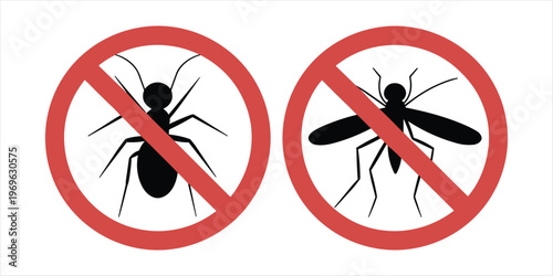 Two Insect Prohibition Signs With Ant And Mosquito Silhouettes pest control