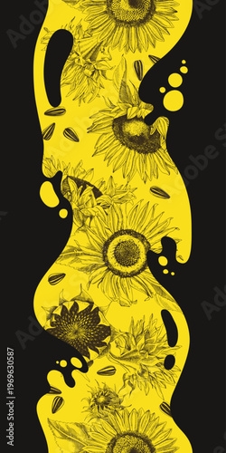 Sunflowers sketched vector seamless border