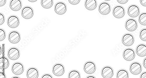Shiny coins black and white border copy-space. Game reward. Seamless repeat pattern frame. Flat line graphic composition with copyspace center. Outline vector background with scattered elements