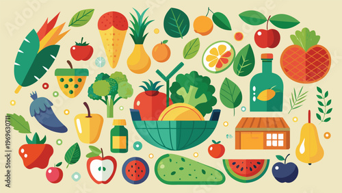 Fruit and vegetable illustrations in a bright style arranged on a light background showing various types and colors