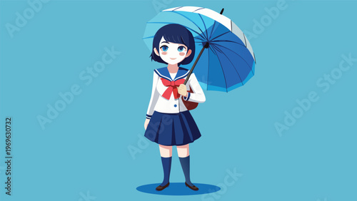 Girl in a school uniform holding a blue umbrella on a light blue background during a sunny day