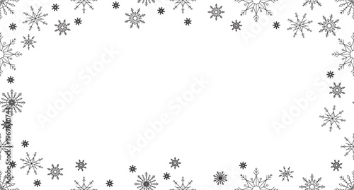 Snowflakes winter black and white border copy-space. Snowfall. Seamless repeat pattern frame. Flat line graphic composition with copyspace center. Outline vector background with scattered elements