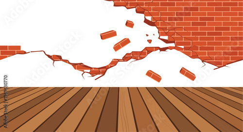 Cracked brick wall crumbling with wooden floor foreground, representing destruction or construction progress