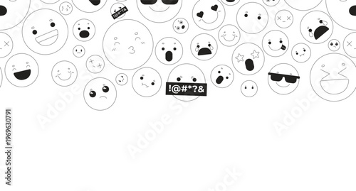 Cute emojis black and white top border. Various emoticons. Seamless upper frame with line art pattern. Flat 2D graphic with falling composition. Copy space overlay repeat. Horizontal header divider