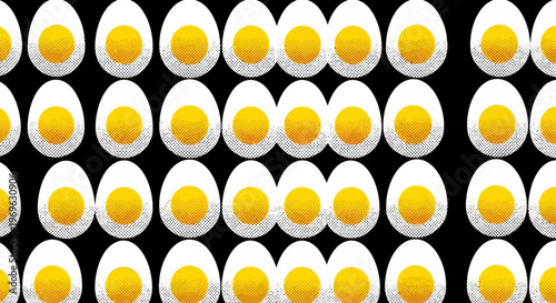 Seamless pattern of boiled egg halves, repetitive hard boiled eggs with yellow yolks on black background, minimalist food vector illustration