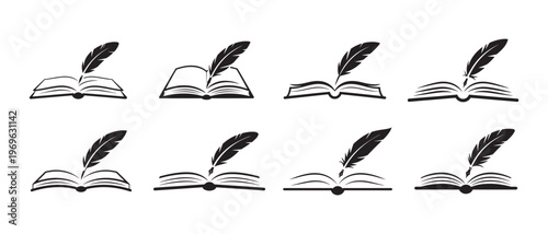 Open Book and Quill Pen Black Icons for Literature, Education, and Historical Writing Concepts.