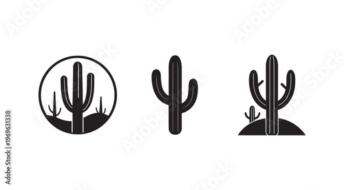 Black and white cactus icons in various styles on white background for design and decoration purposes  simple and modern vector graphics