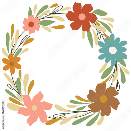 Vintage Earthy Floral Wreath Illustration with Muted Orange and Brown Flowers on Black Background