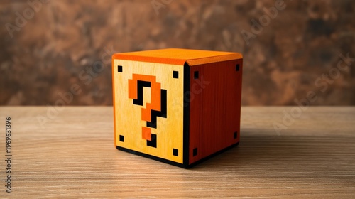Pixel art style question mark on a wooden cube