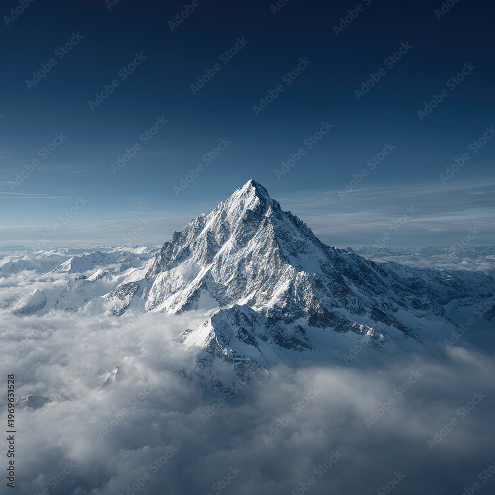 Obraz premium Snow-Covered Mountain Peak Above Clouds