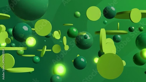 Abstract arrangement of green spheres and discs with glowing lights