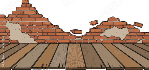 Weathered wooden planks in front of a crumbling brick wall illustration with broken sections