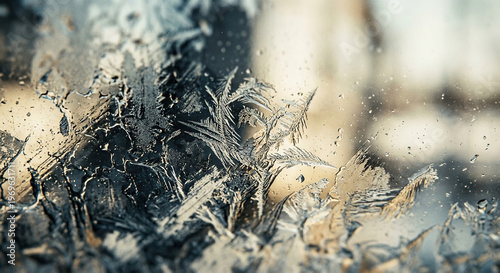 Frosty Ice Crystals Forming on Glass Surface