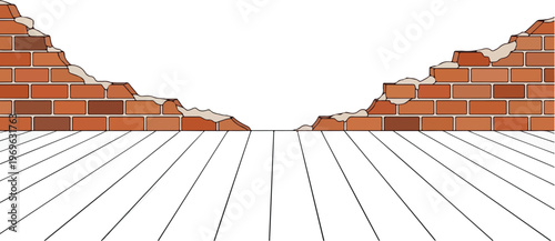 Dilapidated brick wall opening up to a wooden floor, representing destruction or change