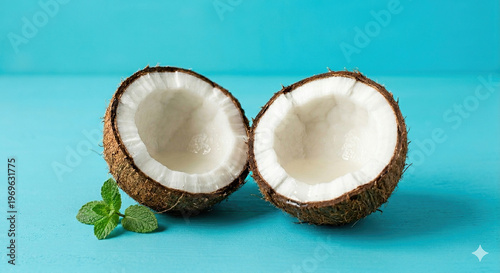 Fresh Coconut Halves with White Flesh on Blue Background