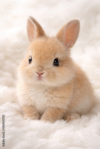 Cute Fluffy Baby Rabbit on White Fur Background