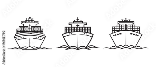 Front view illustrations of cargo container ships on waves, depicting global shipping and logistics in minimalist line art style.