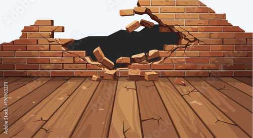 Brick wall with a large hole, revealing darkness and wooden floor below