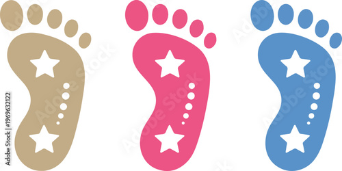 Minimalist Baby Footprint Icon Set Featuring Pink Blue And Brown Feet Silhouettes With Star And Dotted Heel Details Vector Illustration