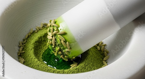 Green powder in mortar with pestle.
