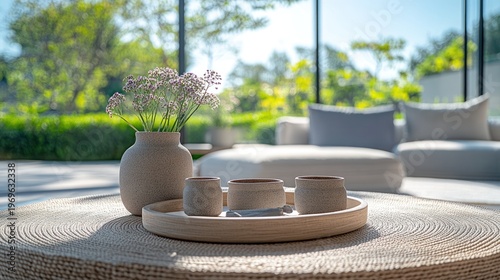Rustic outdoor living area with calming decor. Small vase with flowers, ceramic cups, and wooden tray on a woven coffee table. Blurry background of patio furniture and lush greenery
