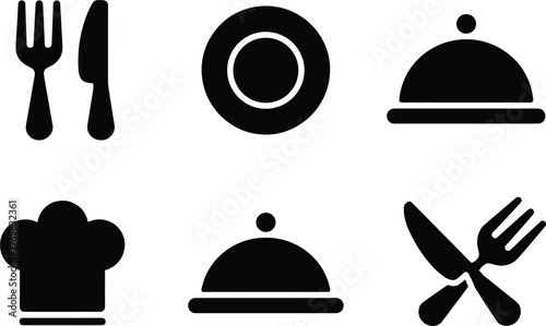 Restaurant and food service icons set with plate cloche chef hat and cutlery in minimal black silhouette vector design
