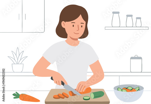 Woman cutting vegetables on kitchen counter with knife and board nearby
