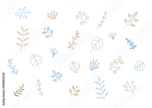 葉っぱや木の実などの植物の手描きイラストセット（青・茶色）