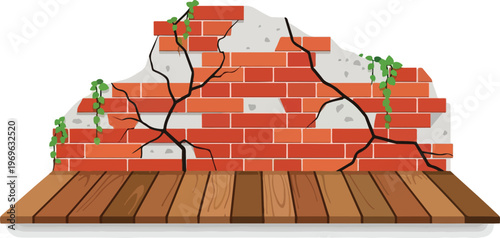 Cracked brick wall with wooden planks, representing decay and restoration themes