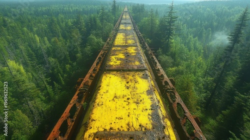 Rusty metal walkway through a dense forest