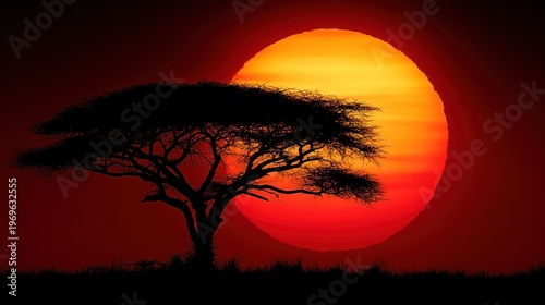 Savannah acacia sunset, fiery sky, wildlife backdrop