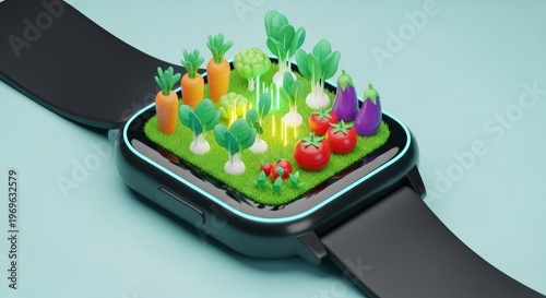 Smartwatch with vegetable garden on screen.