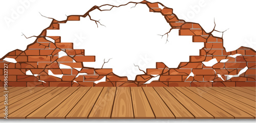 Damaged brick wall with wooden floor, representing destruction or an opening