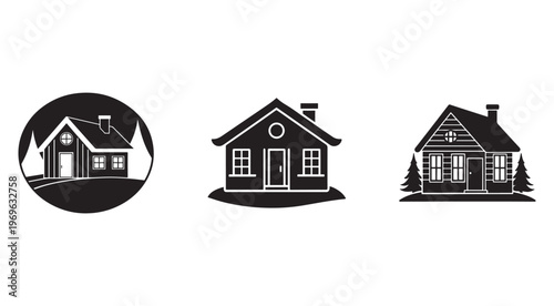 Black and white house silhouettes with trees and chimneys on white background