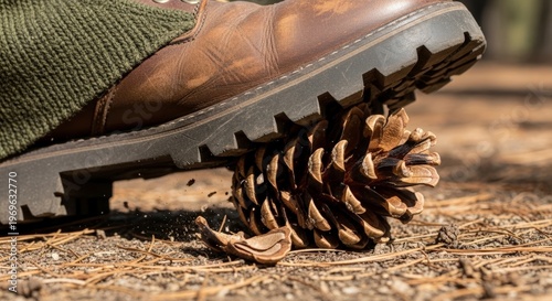 Hiking boot on pine cone outdoors.