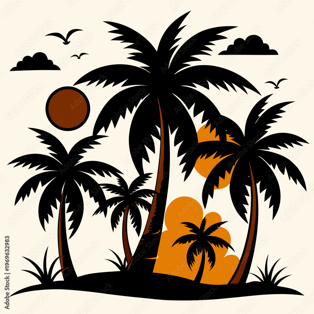 Fototapeta premium Tropical Palm Trees Silhouette at Sunset, Beach Nature Illustration