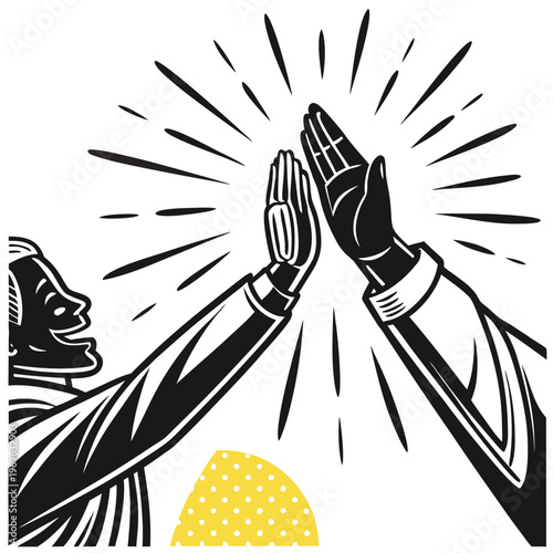 Two hands giving a high five with a cheering person below