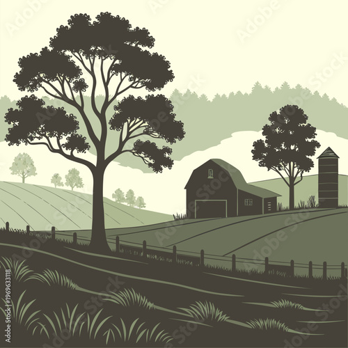 Farm Landscape Illustration with Barn, Trees and Countryside Field