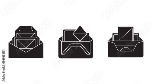 Black and white icons of envelopes in boxes for mail and communication purposes  simple line style  business correspondence concept