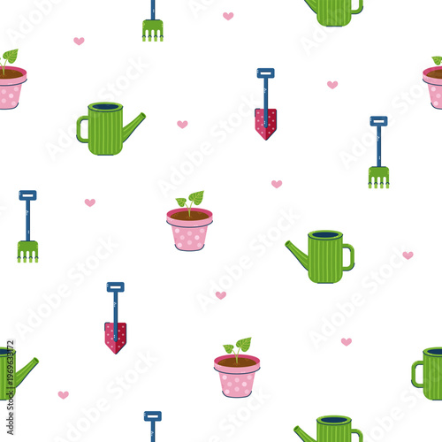 Seamless pattern with watering can, flower pot and shovel on white background. Seasonal hand drawn card, poster, web banner. Vector illustration.