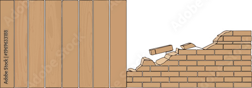 Damaged Brick Wall Structure Next to an Intact Wooden Wall Surface