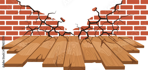 Illustration of a broken brick wall with wooden planks in the foreground, symbolizing damage or construction