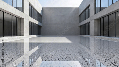 Minimalist Concrete Building with Reflective Terrazzo Courtyard