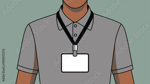 Person wearing a grey polo shirt with a black lanyard holding a blank ID card