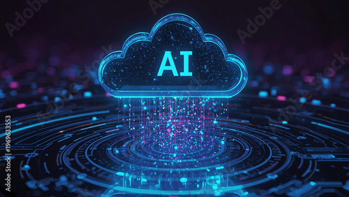 Cloud and edge computing technology data transfer concept. A large cloud icon is in the center, Ai Brain Cloud Big data, network, Science and futuristic ai cloud background concept.