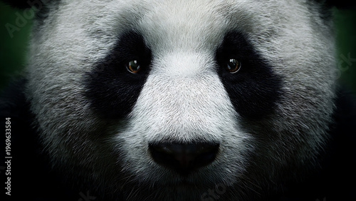 Closeup portrait of a giant panda bear looking directly at the camera with intense gaze and black and white fur